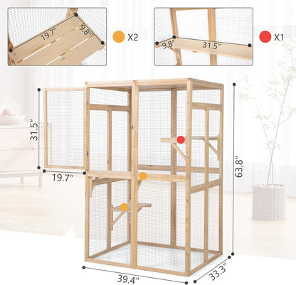 Wooden Cat Catio Outdoor Enclosure with Hammock and Platforms, Weatherproof Design, Burlywood
