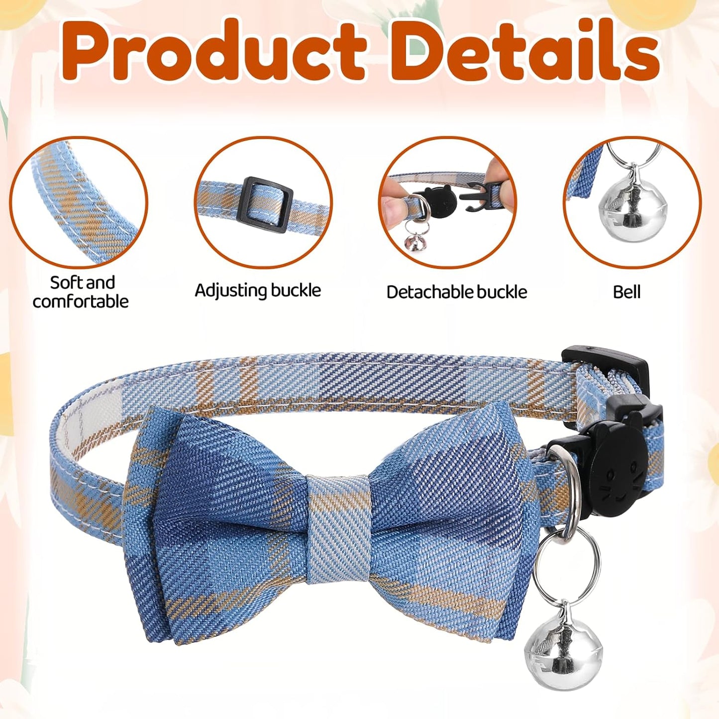 2Pcs Cat Collar Breakaway, Cat Bowtie Collar with Bells Soft Adjustable Kitten Accessories, Cute Plaid Cats Collar with Cat Buckle for Kitten Puppy and Small Pets