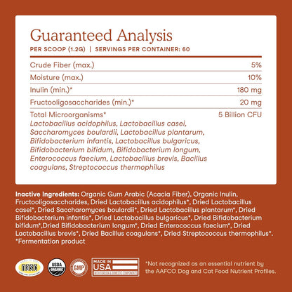 Fera Pets Probiotics for Dogs & Cats with Prebiotics - USDA Organic - Gut Health Powder Supplement with 12 Strains and 5 Billion CFUs - Supports Immunity, Energy and Skin & Coat - 60 Scoops