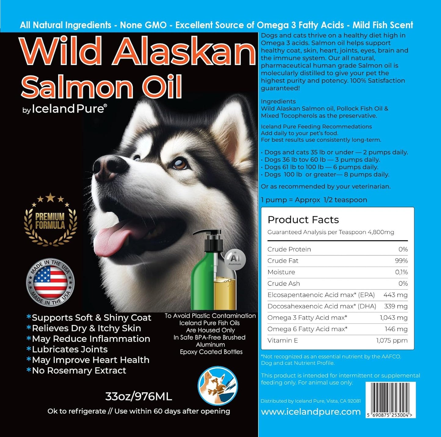 Iceland Pure Wild Alaskan Salmon Oil for Dogs & Cats, Omega-3 Fish Oil, Liquid Supplement for Pets, Supports Immune System & Heart Health, 33oz
