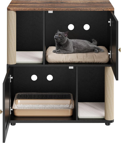 GAOMON 2 Tiered Cat Litter Box Enclosure for 2 Boxes, 31.5'' Double Litterbox Enclosure Furniture with Scratch Posts and Double-Layer Litter Mats, Wood Cat Washroom 2 Doors Black