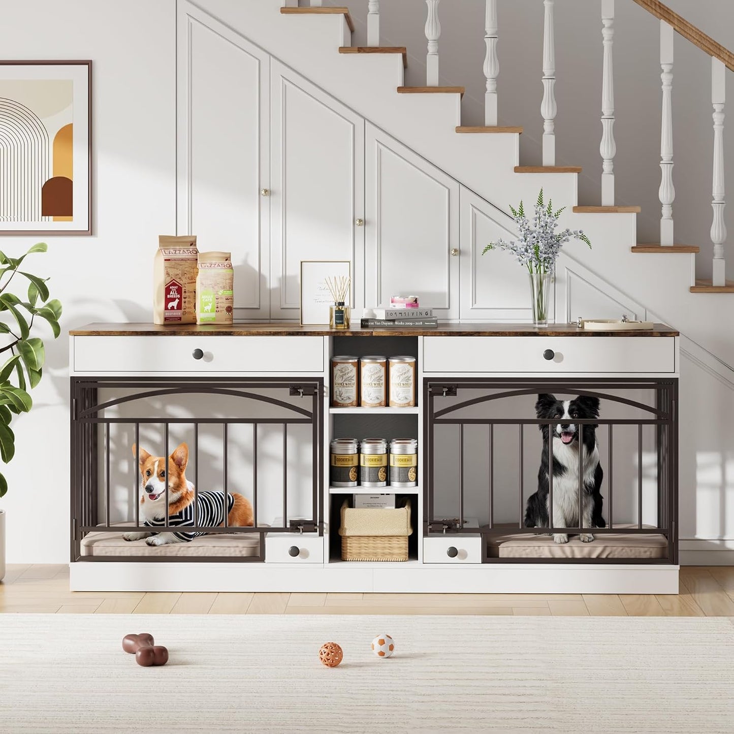 GarveeHome Dog Crate Furniture for 2 Dogs, Dog Kennel Indoor with Storage and Feeding Bowls, Double Dog Crate TV Stand for Small Medium Dogs, White