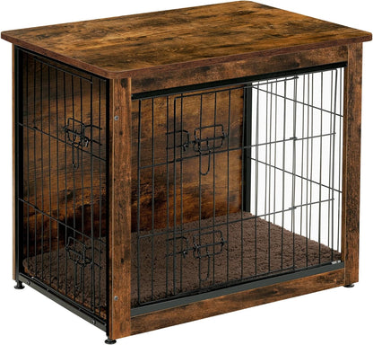 DWANTON Dog Crate Furniture with Cushion, Wooden Kennel Table with Double Doors, Indoor Dog House, Small/Medium/Large/Extra Large Size, 27.2" L, Rustic Brown