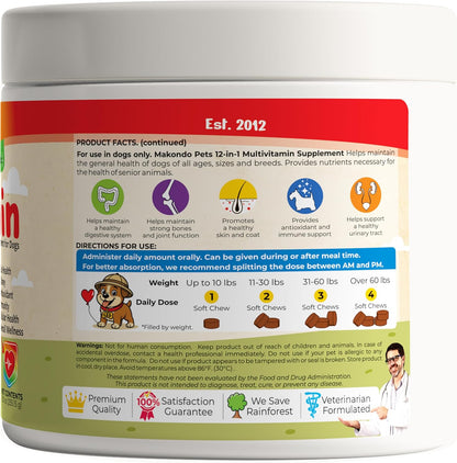 Dog Multivitamin 12 in 1 Supplement 120 Soft Chews - Joint Support + Gut Digestive Enzymes & Probiotics + Cranberry Urinary Health & Vitamins for Energy, Skin, Coat, Liver & Immune Aid Dog Vitamins
