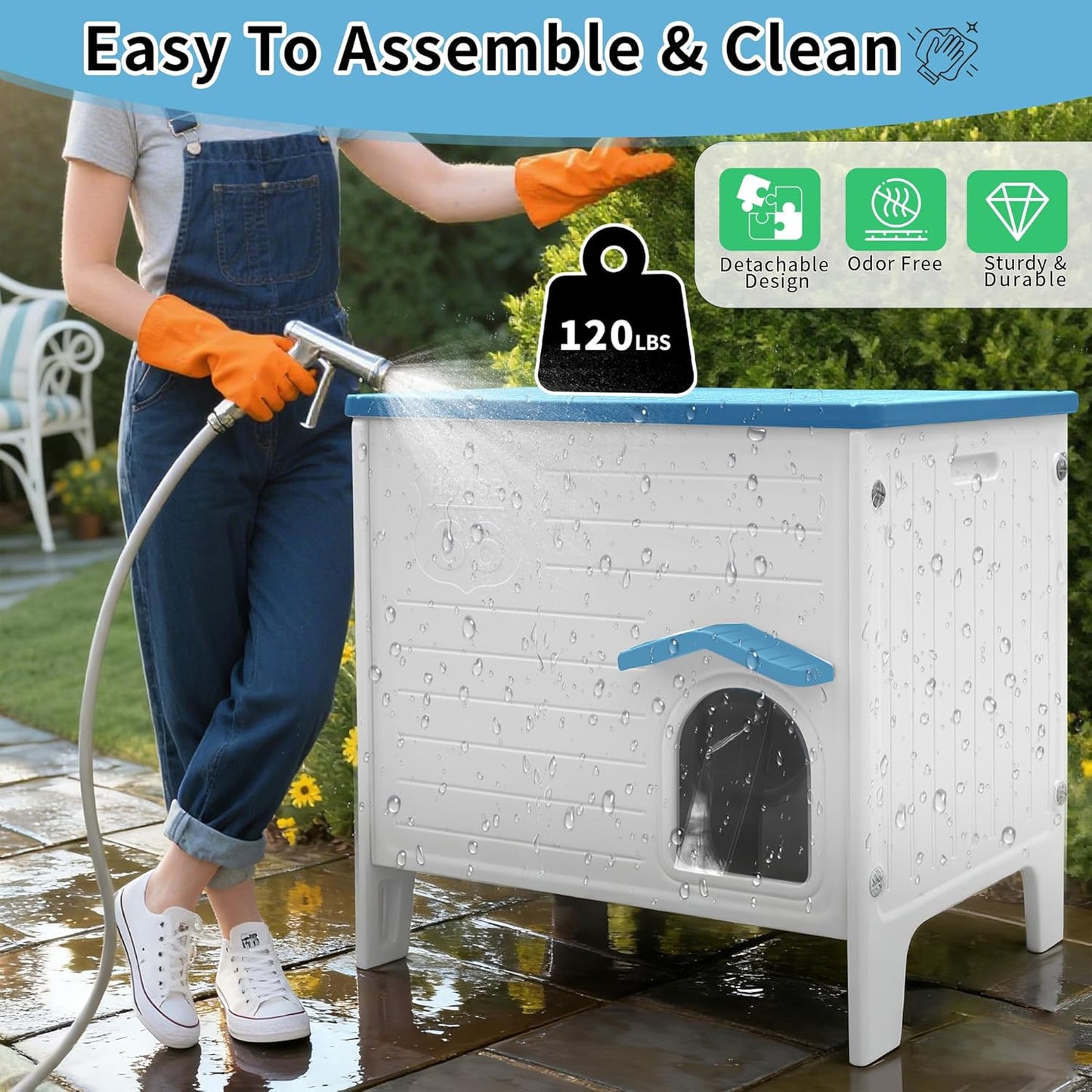 Rockever Plastic Outdoor Cat House, Waterproof Cat House for Outdoor Cats with Escape Door, Sturdy Feral Cat House Outdoor Indoor, Spacious and Clean Easily (Blue,M)