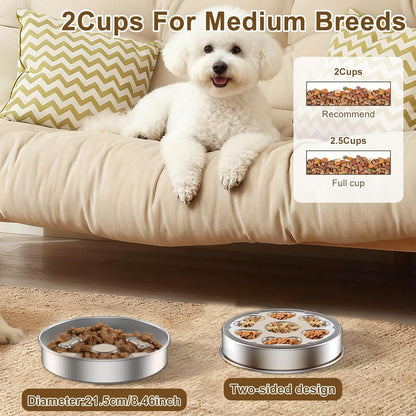 2 Pack Stainless Steel Slow Feed Dog Bowl, Dog Food Bowl Slow Feeder with Double-Sided Design and Nonslip Bottom, 2 Cups Metal Pet Food Bowl for Slows Down Eating for Medium Dogs, Dishwasher Safe