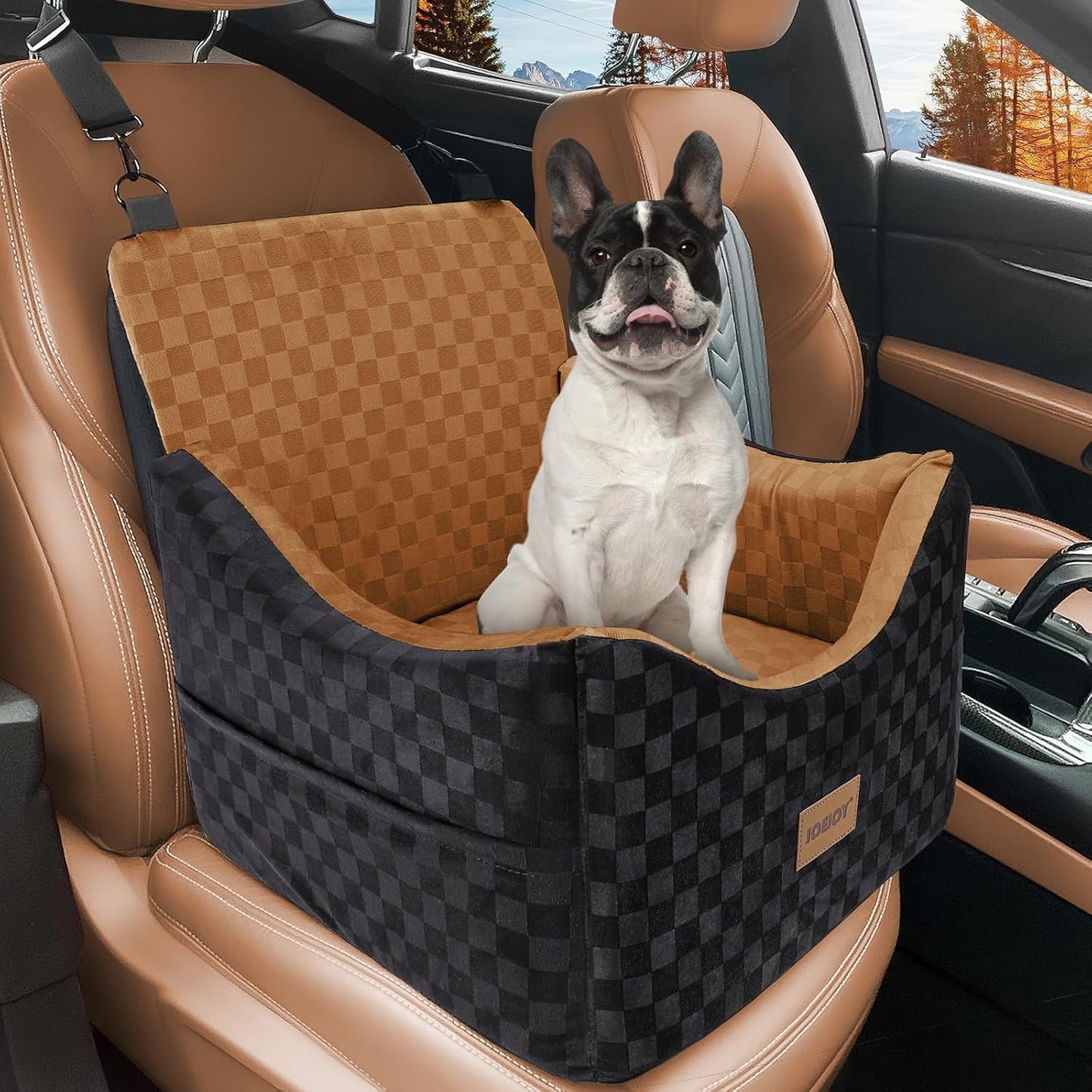 JOEJOY Elevated Dog Car Seat for Small/Medium Dogs up to 35 lbs, Memory Foam Booster Seat with Detachable Washable Cover, Travel-Safe Car Bed with Safety Belts & Storage Pockets, Brown