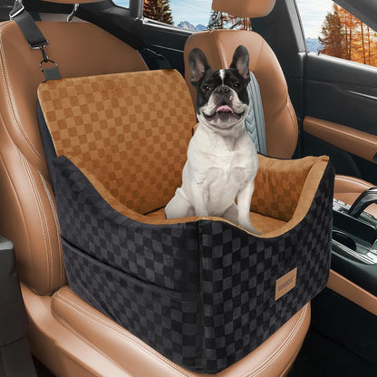 JOEJOY Elevated Dog Car Seat for Small/Medium Dogs up to 35 lbs, Memory Foam Booster Seat with Detachable Washable Cover, Travel-Safe Car Bed with Safety Belts & Storage Pockets, Brown