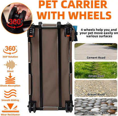 Large Cat Carrier with Wheels for 2 Cat, Double Rolling Pets Carrier on Wheel, Folding Soft-Sided Carriers with Telescopic Handle, Shoulder Strap Removable Soft-Sided Bag for Car, Vet, Outing