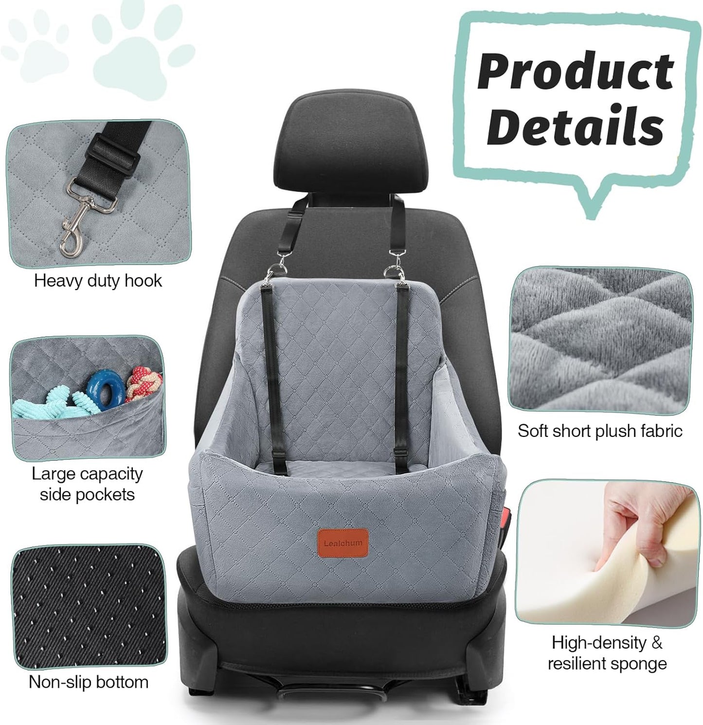 Dog Car Seat for Medium Dogs Up to 40lbs,Fully Detachable and Washable,Easy to Install with Adjustable Straps,Anti-Slip Base Travel Car Bed for Pets,2 Side Pockets(Grey,Medium)
