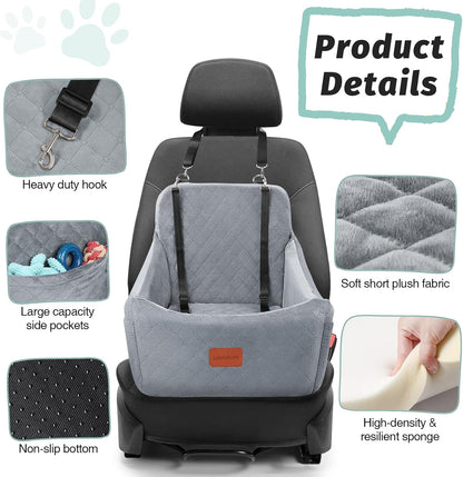 Dog Car Seat for Medium Dogs Up to 40lbs,Fully Detachable and Washable,Easy to Install with Adjustable Straps,Anti-Slip Base Travel Car Bed for Pets,2 Side Pockets(Grey,Medium)