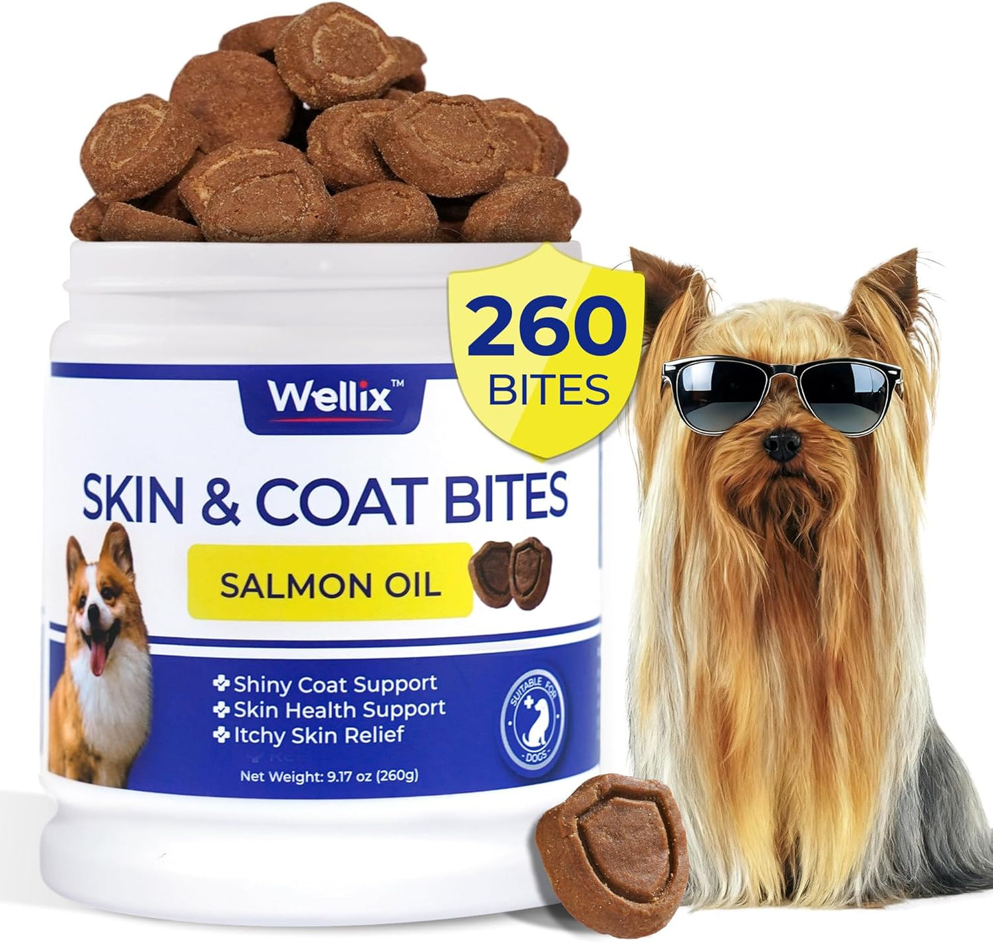 260 Bites Wellix Dog Skin and Coat Supplement - Affordable, Long-Lasting Omega 3 Fish Oil for Dogs - Supports Skin & Coat, Itching Relief & Anti-Shedding Tasty Dog Allergy Chews
