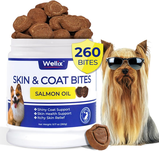 260 Bites Wellix Dog Skin and Coat Supplement - Affordable, Long-Lasting Omega 3 Fish Oil for Dogs - Supports Skin & Coat, Itching Relief & Anti-Shedding Tasty Dog Allergy Chews