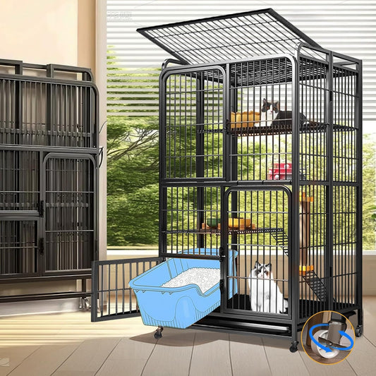 Collapsibles Cat Cages Indoor,Portable Cats Enclosures 2/3/4-Tier,Heavy-Duty Cat Playpens with Universal Wheels,Large Metal Animal cage Pet Crate No Assemblys Required (Black, 4-Tier (No Litter Box))