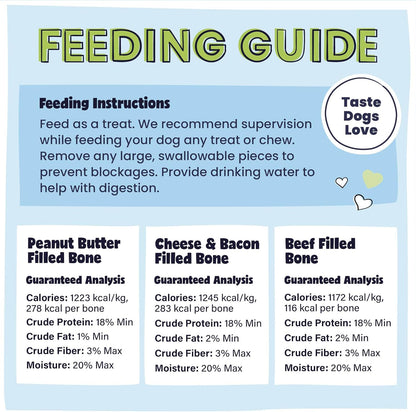 Pawstruck Large 5-6” Filled Dog Bones Variety Pack - Peanut Butter, Cheese & Bacon, Beef Flavors - Made in USA, Long Lasting Stuffed Femur Treat for Aggressive Chewers - Pack of 3, Packaging May Vary