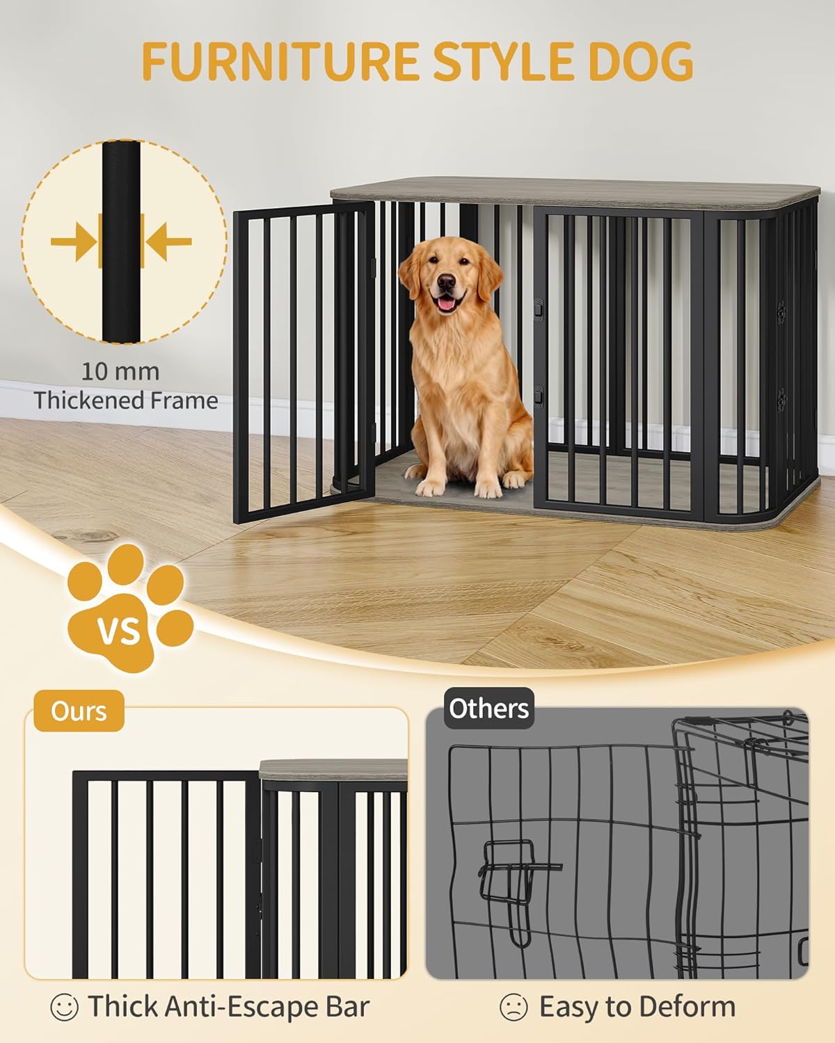 39.4'' Dog Crate Furniture, L Indoor Dog Kennel Dogs Cage, Modern Decorative Pet House for Small/Medium/Large Dogs, Anti-Chew & Anti-Escape, Kennel End Side Table, Greige Black DFC88705B