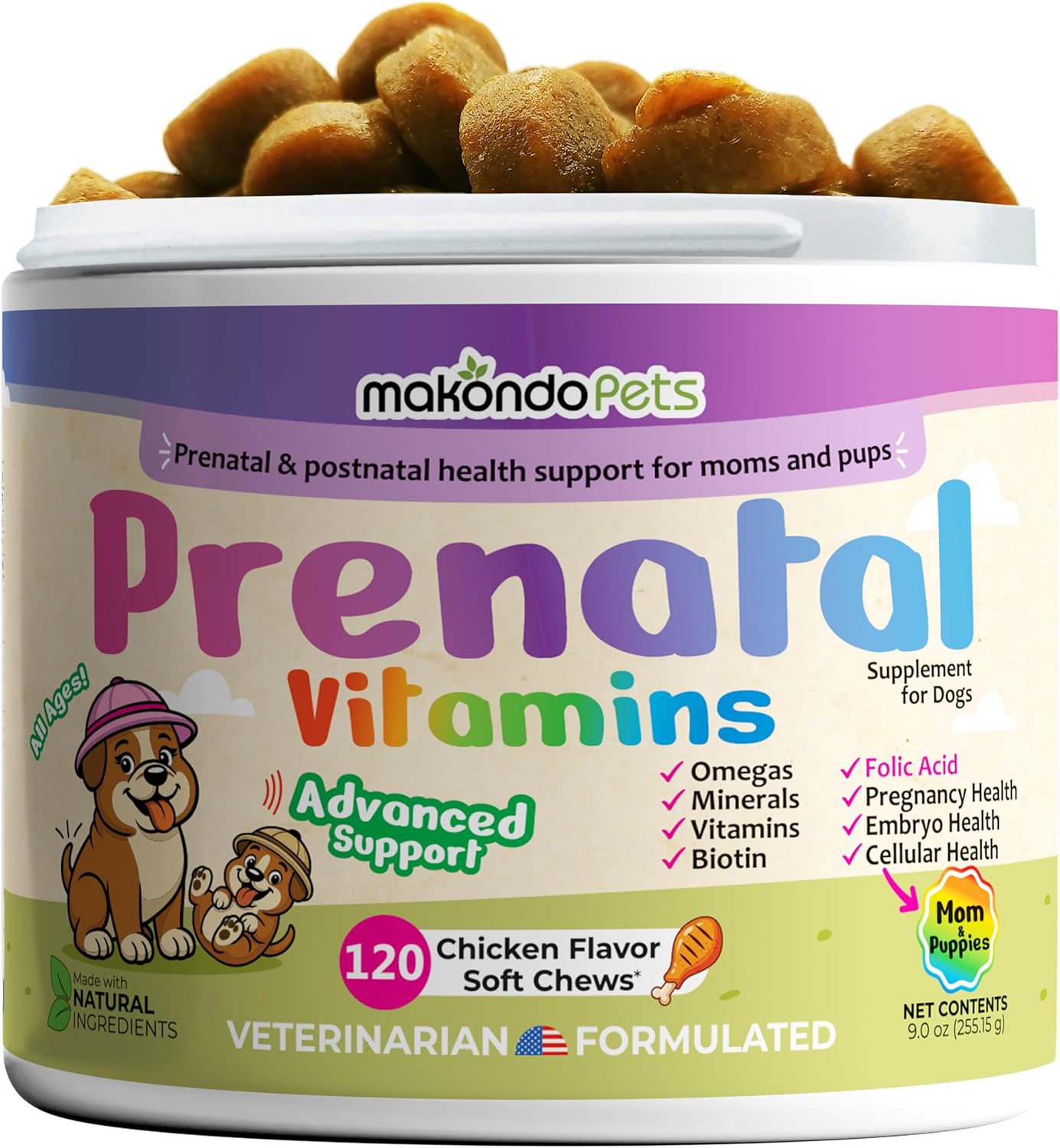Dog Prenatal Vitamins – 120 Soft Chews Multivitamin, Folic Acid, Zinc, B-Complex, DHA & EPA Omegas and Probiotics Supplement for Pregnant, Nursing Breastfeeding pet – Mom & Puppy Vitamin Formula.