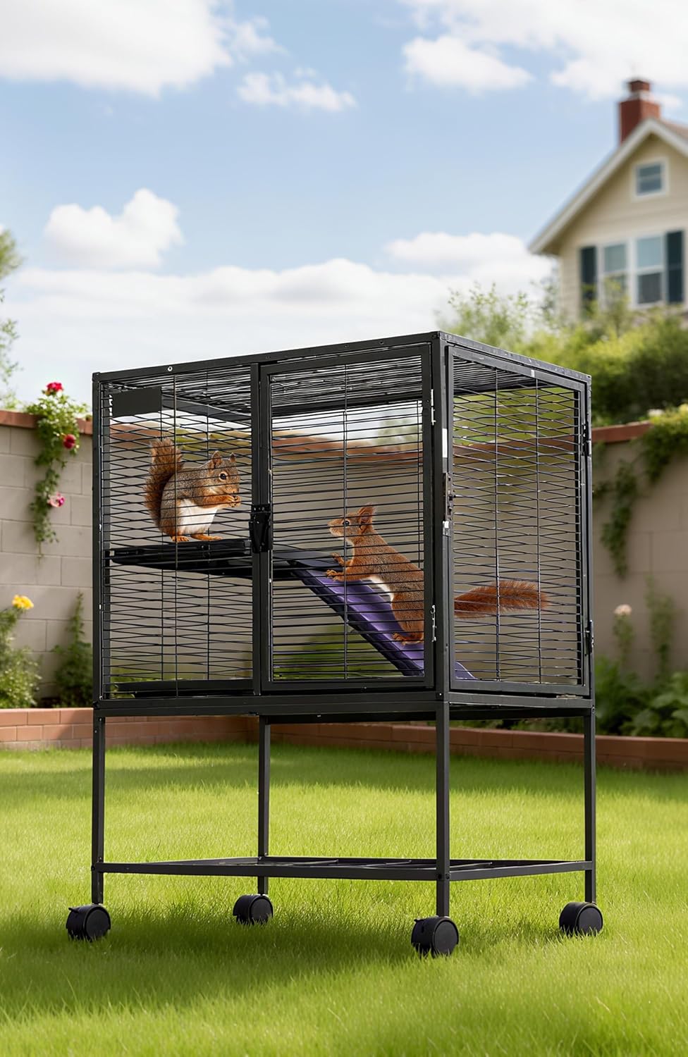 34 Inch High Small Animal Cage for Ferrets, Chinchillas, Hedgehogs - 4 Tier Large Hamster Cage with Removable Ramp, Comfortable Hammock, Extra Storage Stand, and Easy-to-Clean Removable Tray