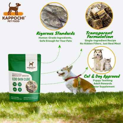 Freeze Dried Cod Skin Cube Dog Treats, Cat Treats, Rich in Omega-3, 3.5 Ounce (100.0g), Single Ingredient, High Protein Chew Snacks, Natural & Raw, No Additives, Grain Free, Gluten Free