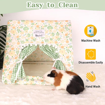 Guinea Pig Hideout Large with Curtain, Bunny Hideout, Machine Washable Guinea Pig Hide Tent Houses & Habitats, Small Animal Hideout for Pet Rabbit, Ferret, Rat, Chinchilla, Squirrel (Flower, Large)