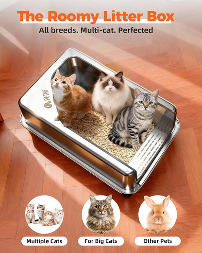 PETNF All Stainless Steel Cat Litter Box, High Sided Large Metal Litter Box - Leak-Proof, Anti-Litter Tracking, Easy Clean for Big Cats, Multi-Cat Households, 24" L x 18" W x 12" H (1 Pack)