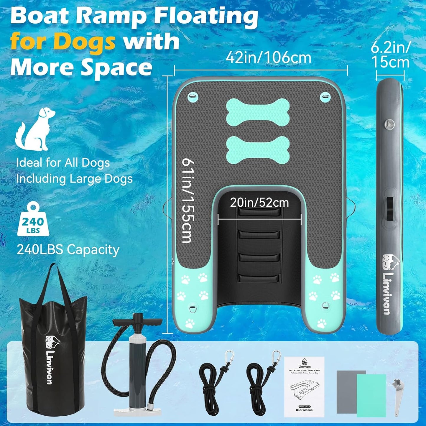 Inflatable Dog Boat Ramp for Dogs Up to 240 lbs, Inflatable Dock Floating Platform with Anti-Slip EVA Foam Safe & Easy Water Access, Dog Ramp for Boat, Pools, Lakes, Boats, Docks, Green