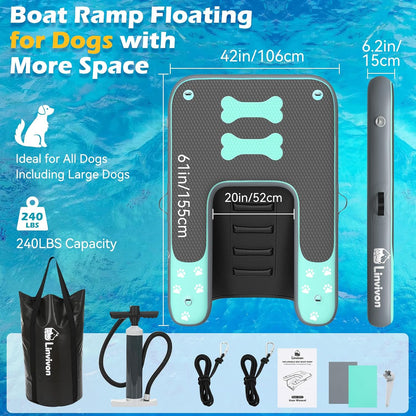 Inflatable Dog Boat Ramp for Dogs Up to 240 lbs, Inflatable Dock Floating Platform with Anti-Slip EVA Foam Safe & Easy Water Access, Dog Ramp for Boat, Pools, Lakes, Boats, Docks, Green