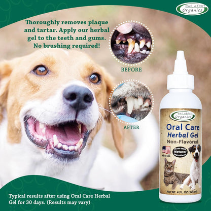 Daily Oral Care Herbal Gel for Dogs & Cats - Non-Flavored, Fast-Acting Plaque & Tartar Remover, Naturally Freshens Breath, Easy to Apply for Complete Dental Care, 4oz Bottle