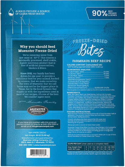 Muenster Freeze Dried Beef Bites - Complete Dog Food, Treat, Mixer or Topper (20oz) - Grain-Free