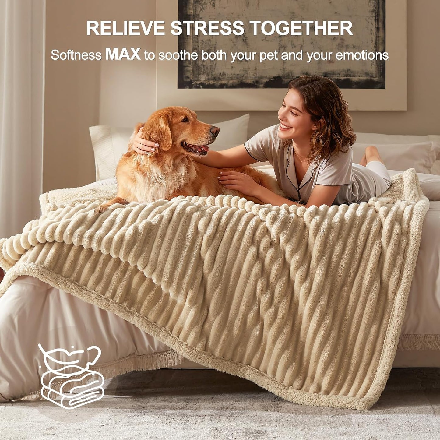 Waterproof Dog Blanket for Large Dogs, Washable Soft Puppy Cat Blanket Flannel Cotton Velour for Sofa Couch Protector, Comfort & Security Reversible Bed Protection for Pet, 60"X80", Khaki