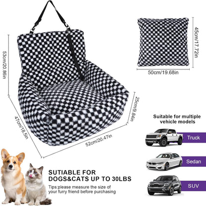 Dog Car Seat for Small Dogs,Medium Dog Car Bed with Detachable Washable Cover,Pet Puppy Booster Cars Seats with Safety Belt Up to 30 lbs(Grid Black)
