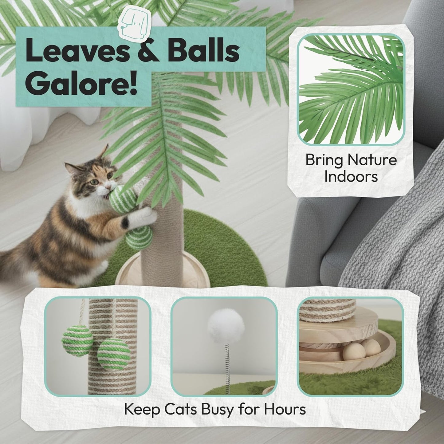 Coconut Tree Cat Scratching Post with Rotating Base, Green, 16 * 13 * 32 in