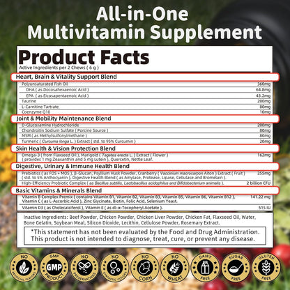 25-in-1 Dog Multivitamin Chews – All-in-One Daily Vitamins & Supplements for Dogs, Joint Support with Glucosamine MSM, Omega-3 Skin & Coat, Gut, Heart & Brain, All Breeds & Ages, Beef, 60Ct