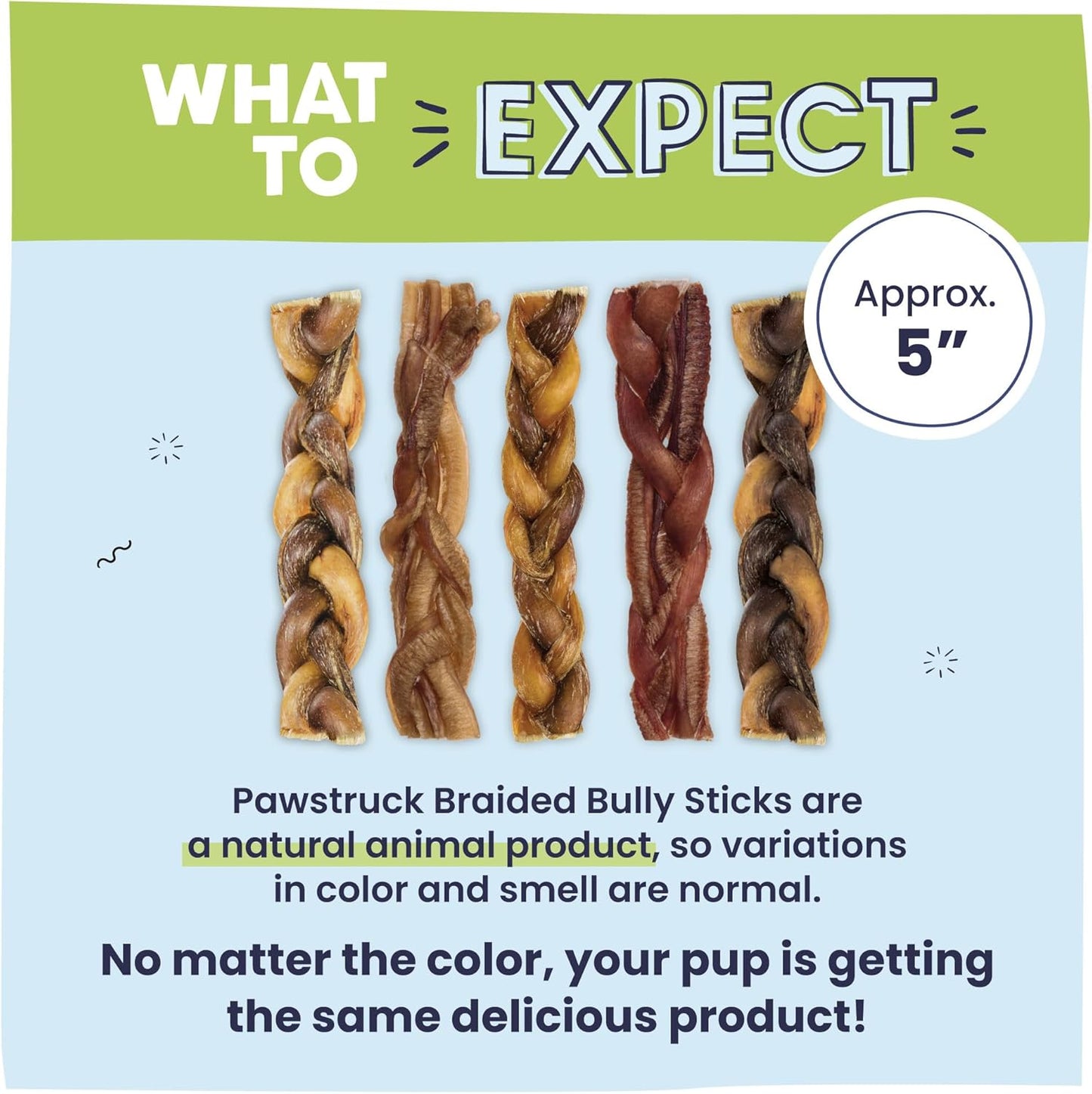 Pawstruck Natural 5” Braided Bully Sticks for Dogs, Tough Long-Lasting, Rawhide-Free, Low Odor, Healthy Single Ingredient Chew Treat for Aggressive Chewers, 10 Count, Packaging May Vary