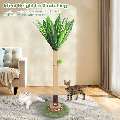 Cat Scratching Post, 35 Inch Tall Cat Scratcher Cat Tree Tower with Hanging Ball for Indoor Cats Adults,Peacock Plant Leaf,Sisal Rope Kitten Scratch with Interactive Mouse Cat Toy