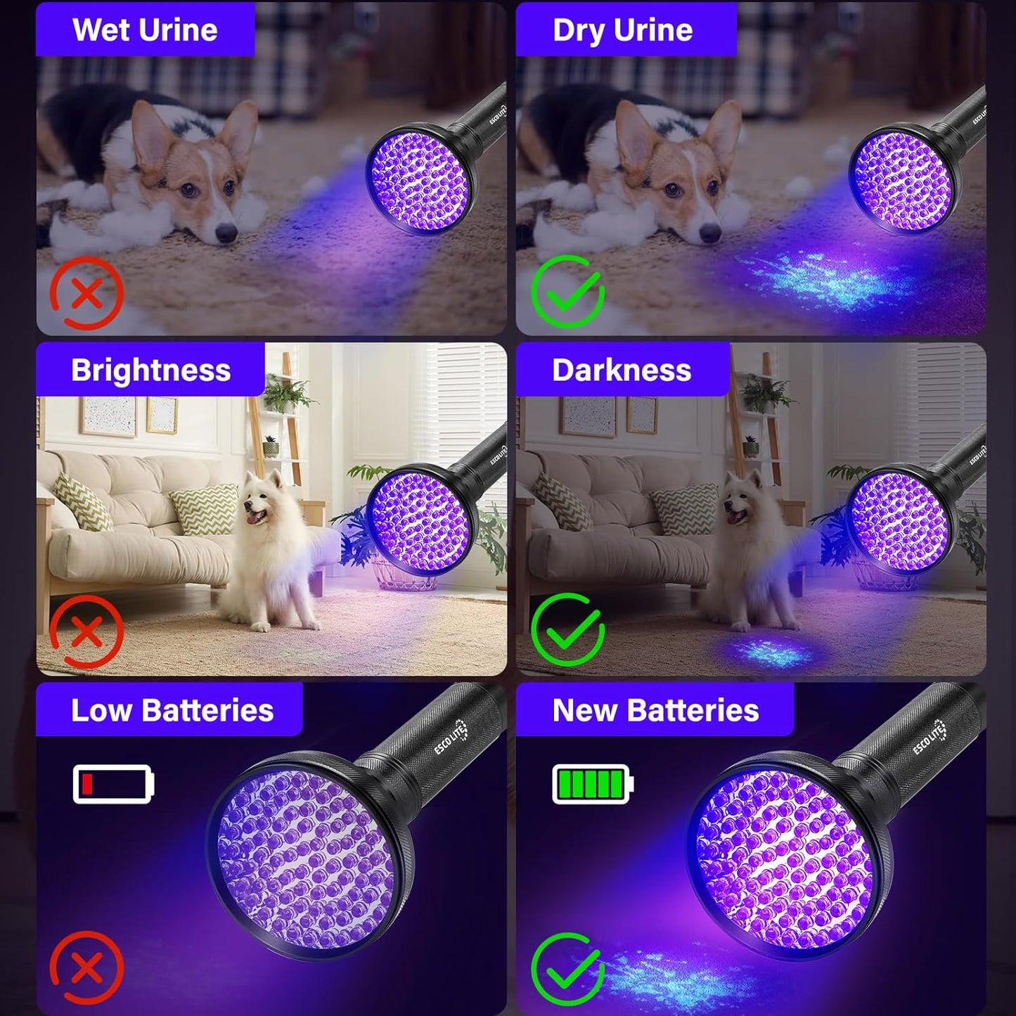ESCO LITE UV Flashlight Black Light, 100 LED 395 nM Ultraviolet Flashlights UV Blacklight Detector for Dog Urine, Pet Stains and Bed Bug