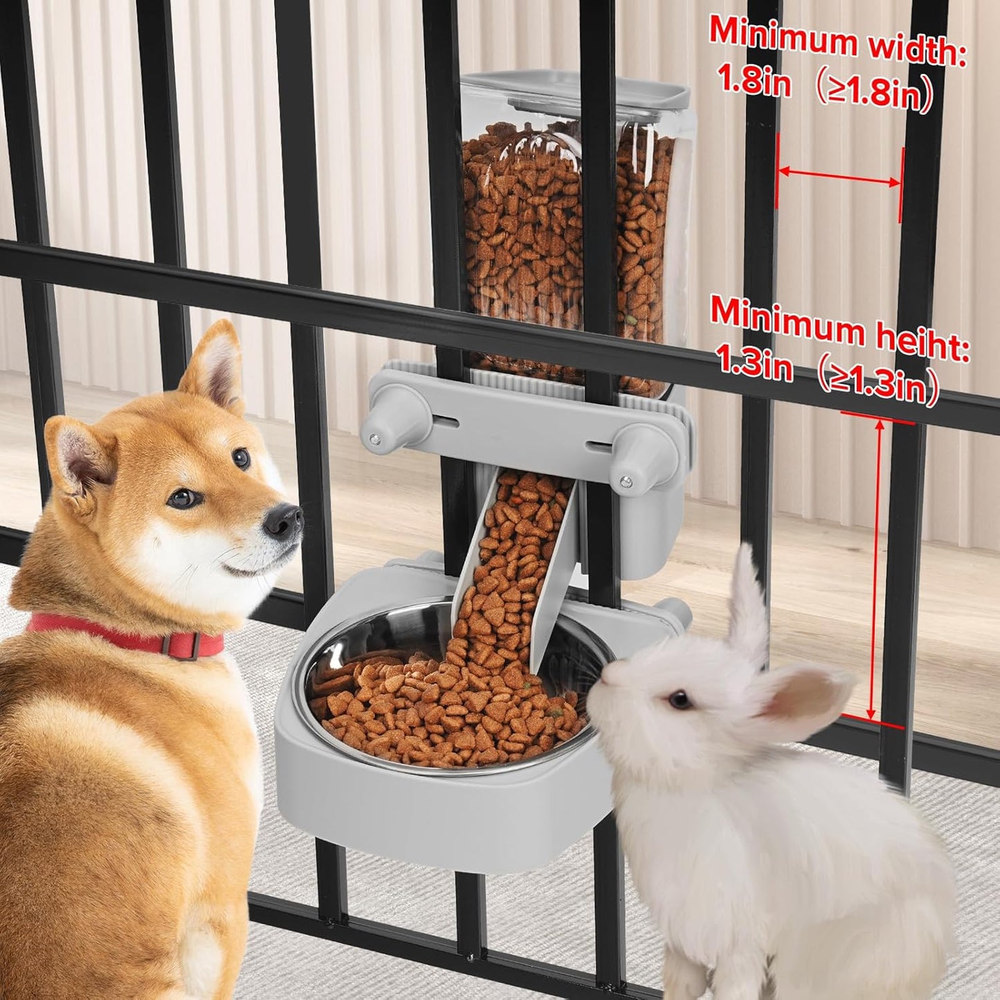 Kenond 55oz Hanging Automatic Rabbit Feeder, 1.6L Large Capacity Gravity Food Dispenser with Stainless Steel Bowl,for Dog, Cat, Ferret & Medium-Small Animals,Fits Widemouth Cages& Wire Cages & Crates