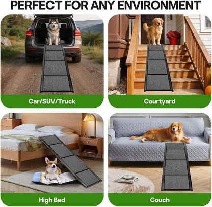 67''x 17'' Folding Dog Ramp for Truck, Aluminum Pet Ramp for Large Dogs, Foldable Dog Stairs Steps Up to 250LBS, with Non-Slip Rug Surface for Car, SUV, Bed, Indoor & Outdoor(Wire Loop Fabric)