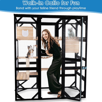 FunXplore Large Catio Outdoor Cat Enclosure Window 73" H Walk-in Cat House Kitty Cage for Multiple Indoor Outdoor Cats Outside Patio with 5 Access Doors Waterproof Roof