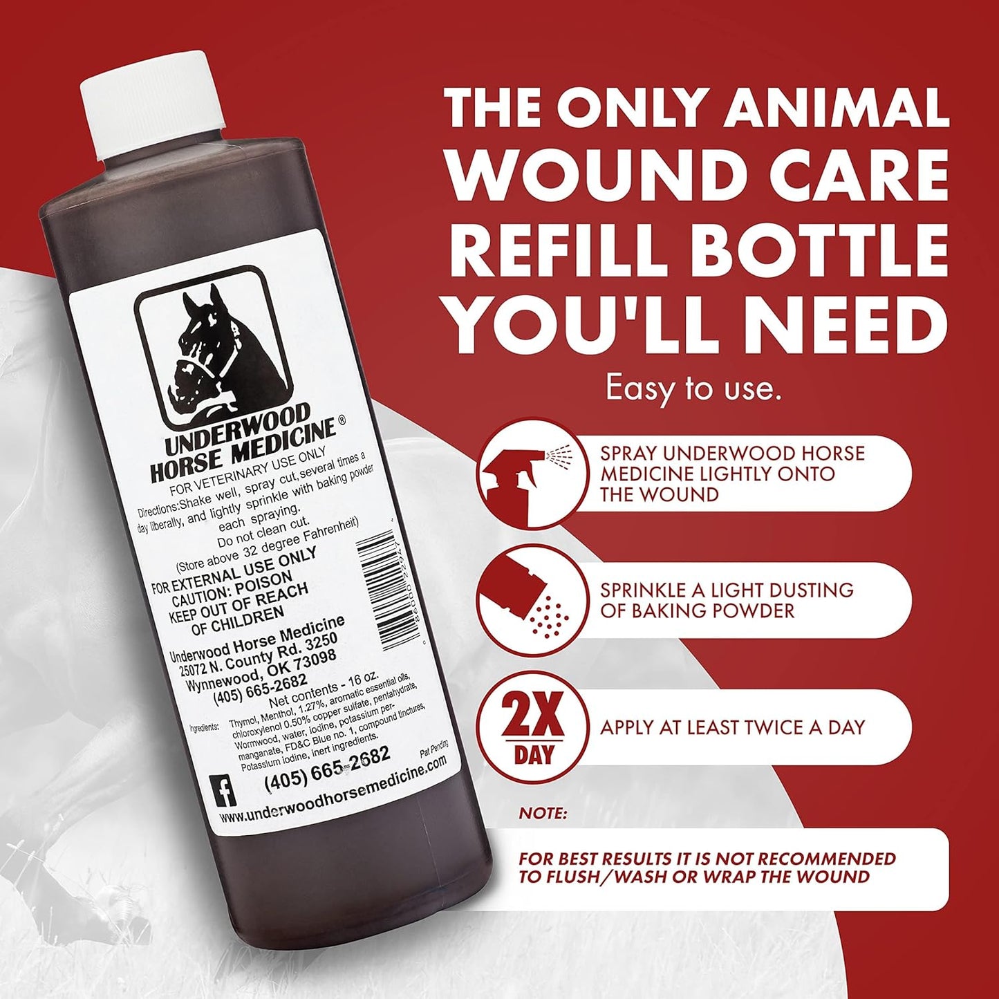 Underwood Topical Horse Care Wound Spray - 16oz Refill Horse Wound Care Horse Essentials for Quick Healing of Cuts – Horse First Aid Kit & Wound Care for Dogs – Equine First Aid Kit & Dog Wound Heal