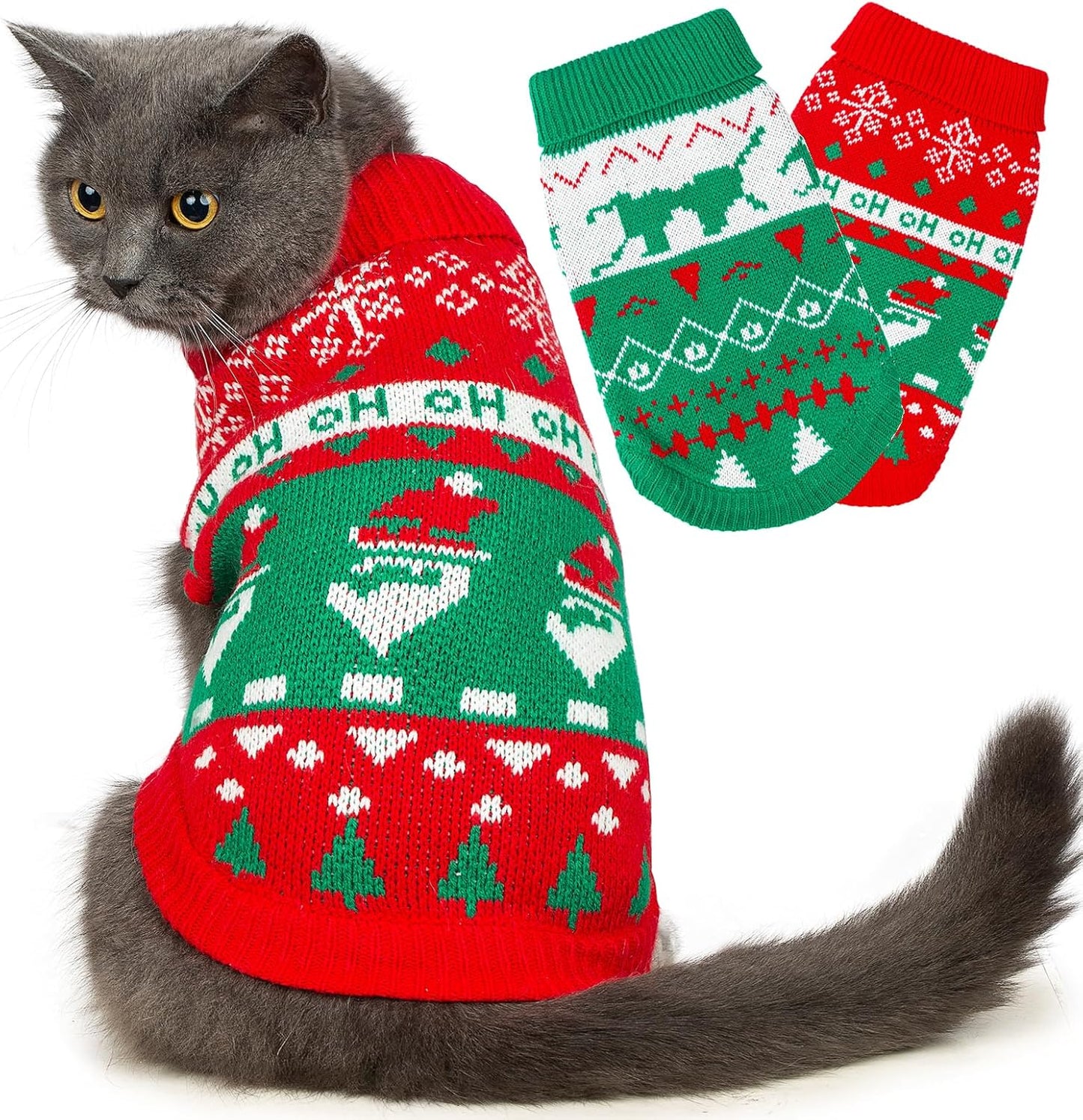 Stretchy Cat Christmas Sweater - 2 Packs Christmas Sweaters for Cats | Snug Winter-Ready Knit for Boy/Girl Cats & Kittens(Scarlet, Small)