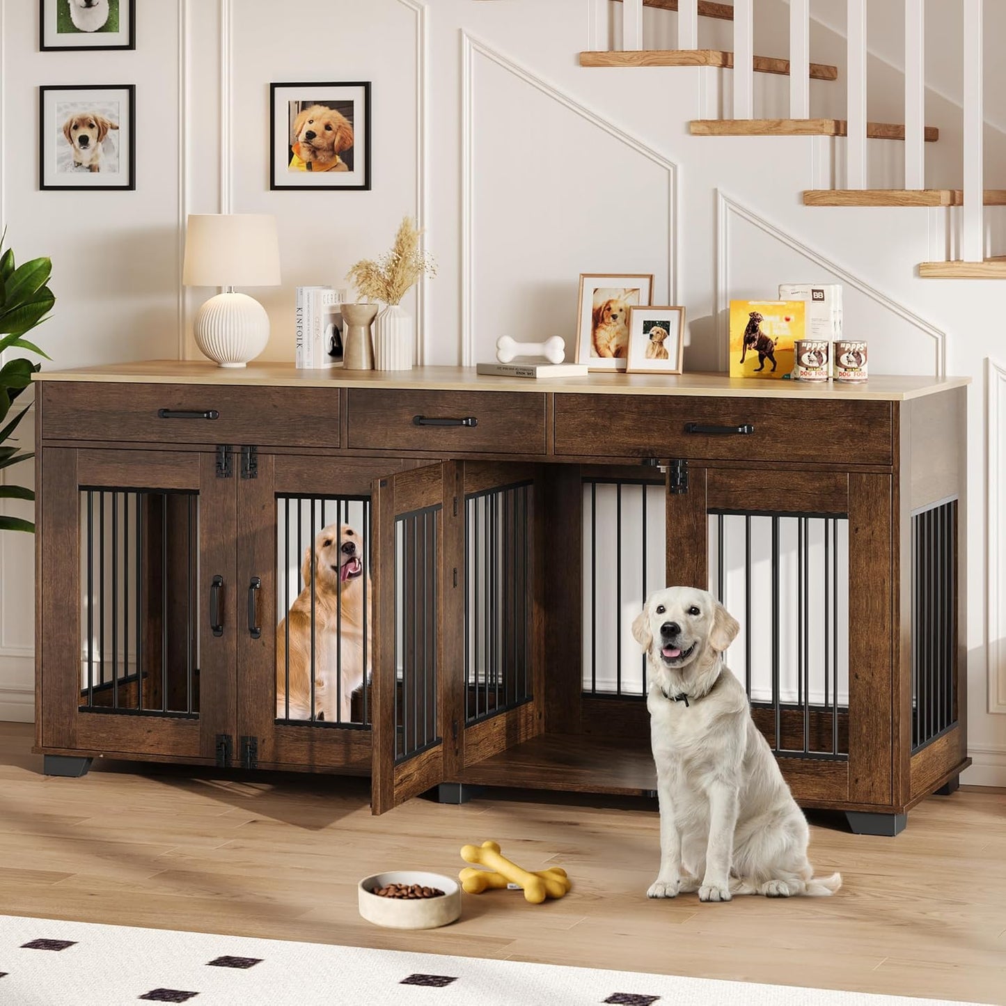 Modern Double Dog Crate Furniture – 71" Indoor Kennel with Divider & 3 Storage Drawers, Heavy Duty Pet Bed & Multi-Functional TV Stand End Table for Medium to Large Breeds – Color: Vieira oak veneer +