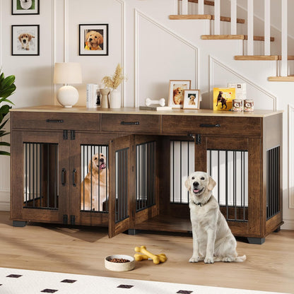 Modern Double Dog Crate Furniture – 71" Indoor Kennel with Divider & 3 Storage Drawers, Heavy Duty Pet Bed & Multi-Functional TV Stand End Table for Medium to Large Breeds – Color: Vieira oak veneer +