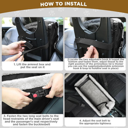 Upgraded Zipper Center Console Dog Car Seat for Small Dogs, Pet Booster Seat with Safety Hook & Adjustable Strap,Washable Center Console Car Bed with Storage Pocket for Pets up to 15lbs