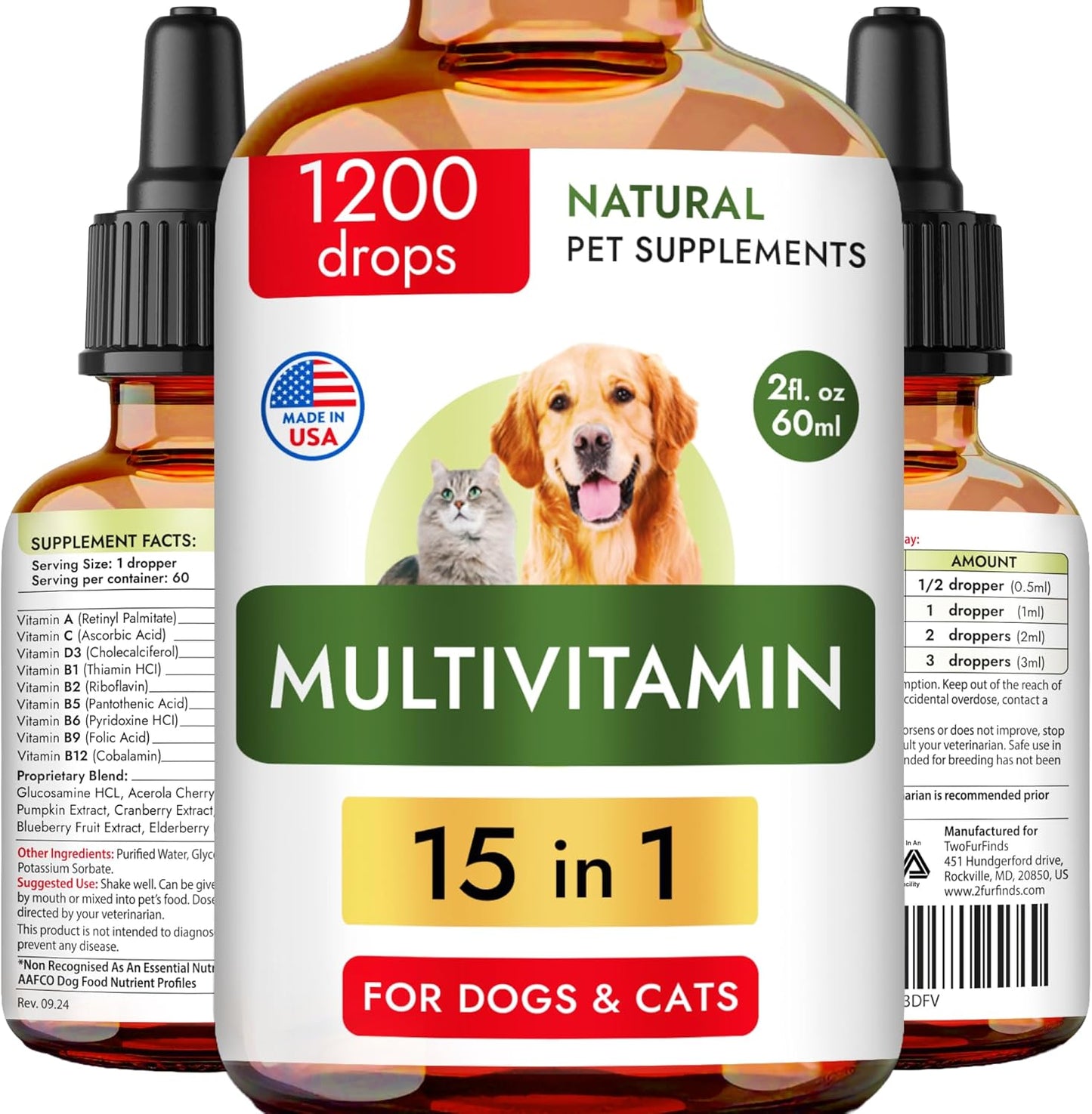 15-in-1 Liquid Multivitamin for Dogs & Cats - Glucosamine for Dogs, Cranberry, Vitamin B Complex - Balanced Ingredients for Joint, Digestive, Immune, Skin & Coat and UTI Support - US Made - 2.0Fl Oz