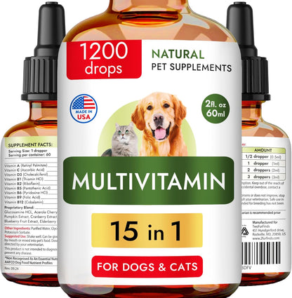 15-in-1 Liquid Multivitamin for Dogs & Cats - Glucosamine for Dogs, Cranberry, Vitamin B Complex - Balanced Ingredients for Joint, Digestive, Immune, Skin & Coat and UTI Support - US Made - 2.0Fl Oz