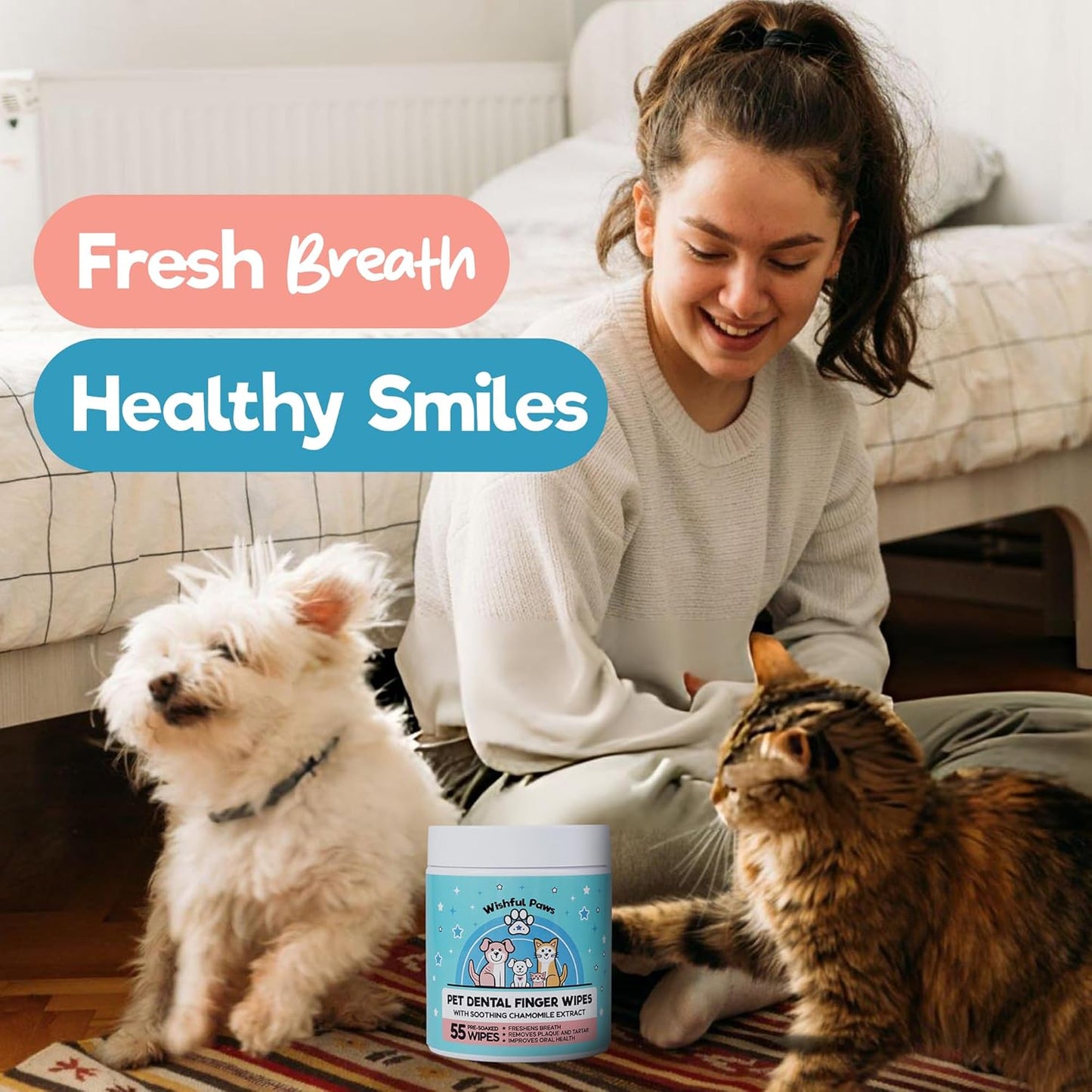 Dog Teeth Cleaning Wipes - Dog Tooth Brushing Kit - Dog Toothbrush Finger Wipes - Removes Plaque & Tartar, Dog Breath Freshener - No-Rinse Pet Dental Care for Dogs & Cats - Easy Use - 55 Count