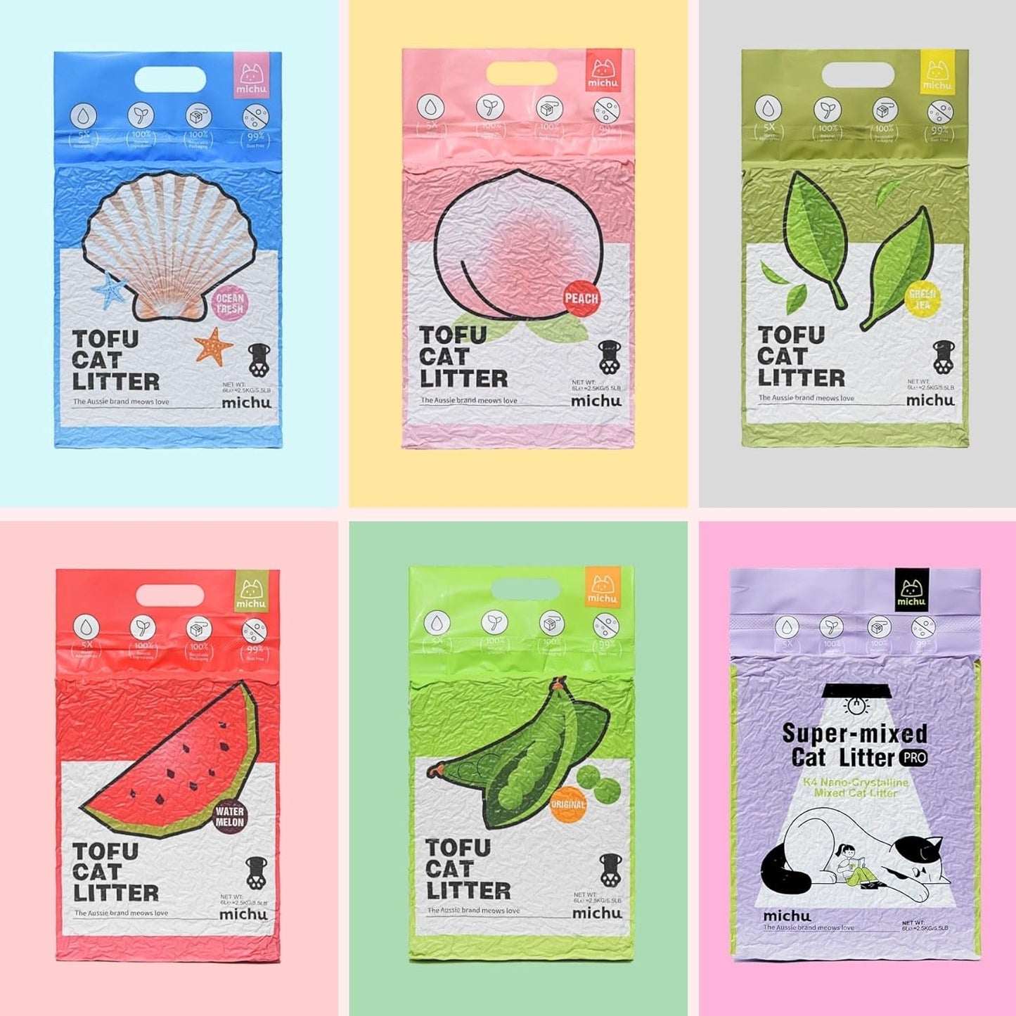 Michu Tofu Cat Litter Natural Clumping Tofu Cat Litter, Fast Clumping and Easily Scoop-able 5.5lb/88oz 5 Scents - Rainbow Combo, 6 Pack