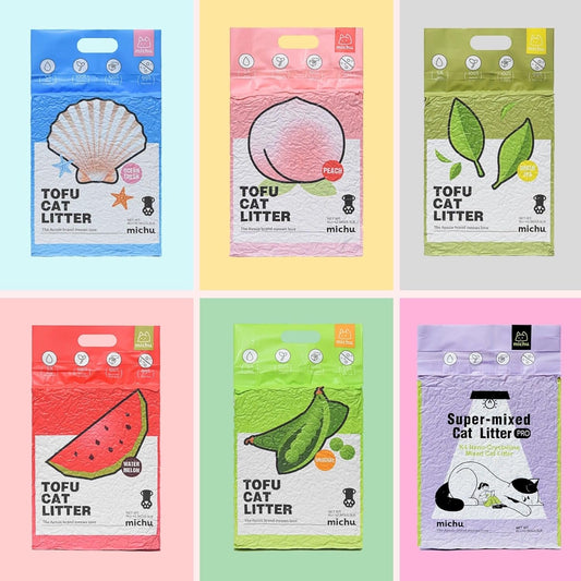 Michu Tofu Cat Litter Natural Clumping Tofu Cat Litter, Fast Clumping and Easily Scoop-able 5.5lb/88oz 5 Scents - Rainbow Combo, 6 Pack