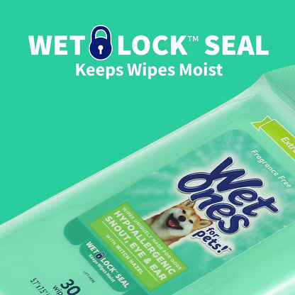Wet Ones for Pets Extra Gentle Hypoallergenic Dog Wipes with Witch Hazel for Snout, Eye, Ear | Fragrance-Free for All Dogs with Wet Lock Seal | 30 Ct Pouch (Pack of 2)